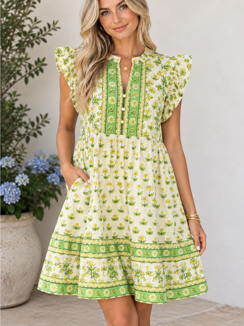 NWT POL Soft Bloom Block Print Ruffle Sleeve Midi Dress Green Yellow Boho Cotton